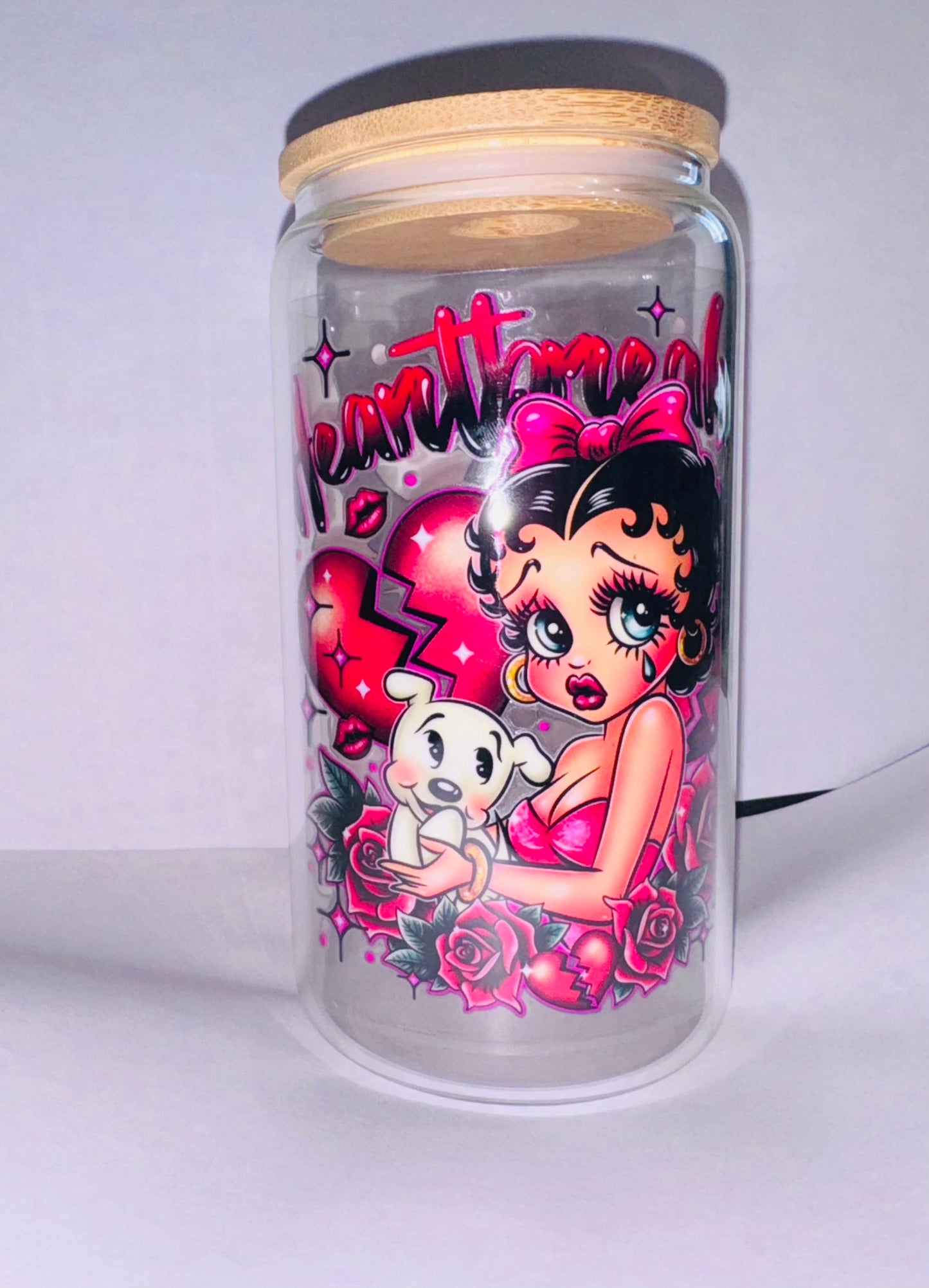 16 oz Glass tumbler “Betty boop heartbreaker”