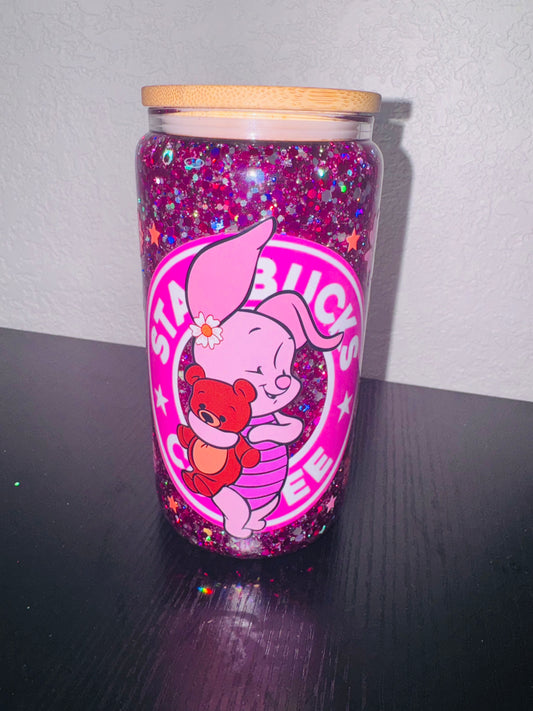 16 oz Glass Snowglobe cup “piglet”