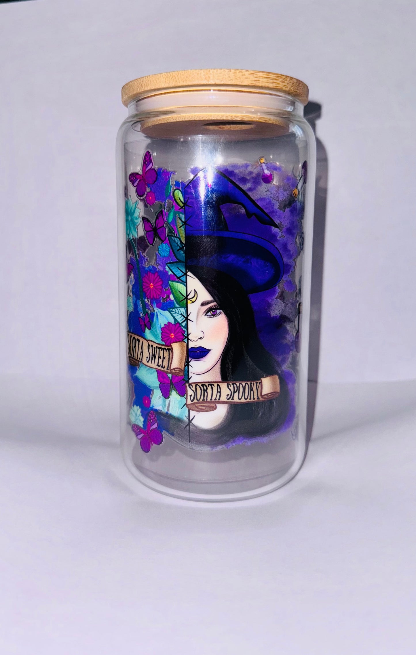 16 oz Glass tumbler “sorta sweet sorta spooky”