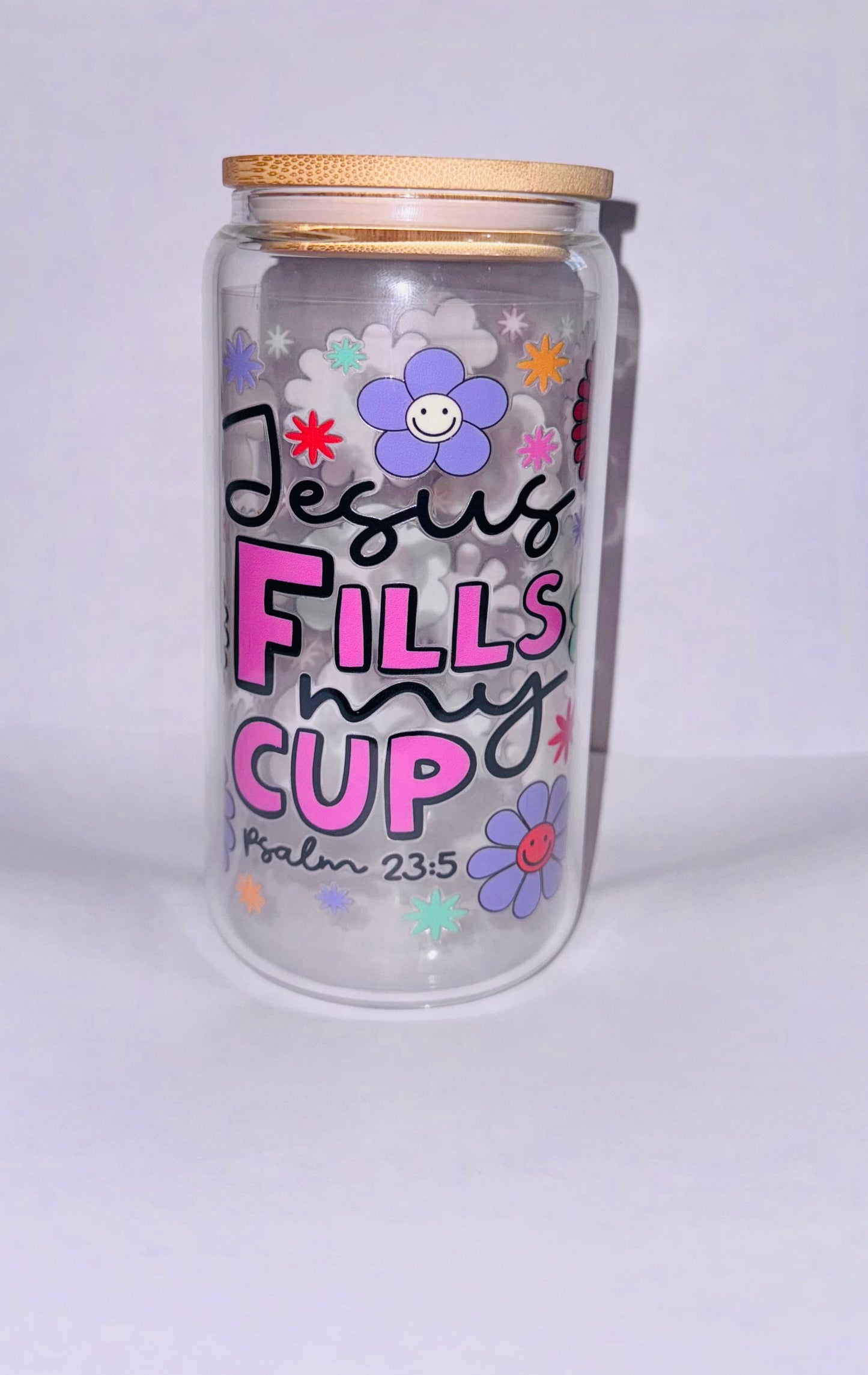 16 oz Glass tumbler “Jesus Fills My Cup”