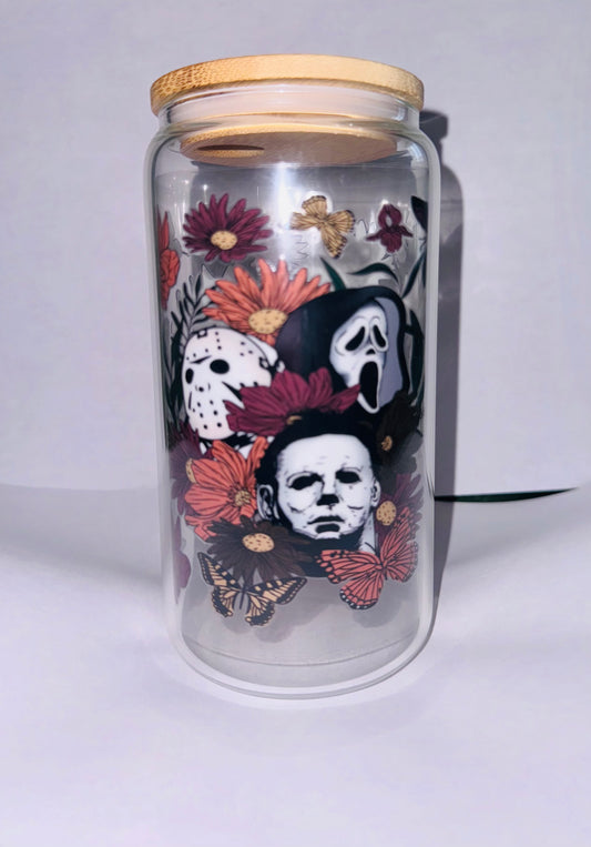 16 oz Glass tumbler “horror & flowers”